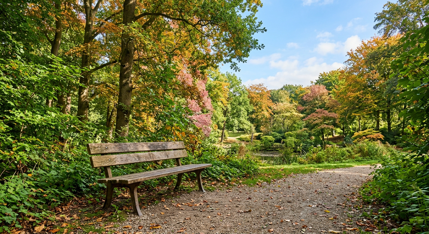 AI generated photo of a lonely bench in an autumn park on a bright June day